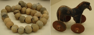 Necklace of pottery beads and child&rsquo;s toy wheeled horse, 950-900 BC - source Kerameikos Museum, Athens
